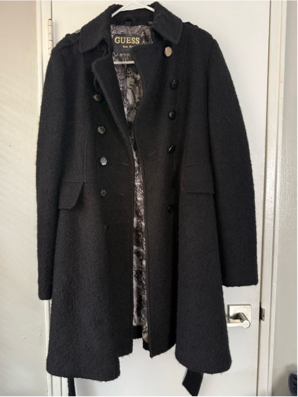 Y2K Guess Los Angeles Black Wool Blend Military Coat Belted Large